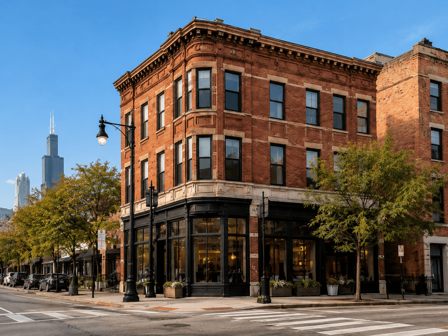 A commercial corner building exterior in Chicago
